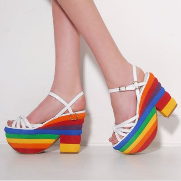 Jeffrey Campbell Shoes - Jeffrey Campbell White Strappy Rainbow Platform Sandals